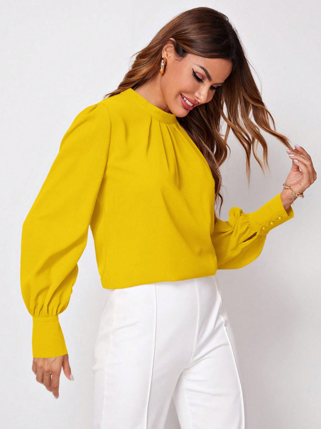 Ruched Mock Neck Long Sleeve Blouse | Elegant & Stylish Statement Piece