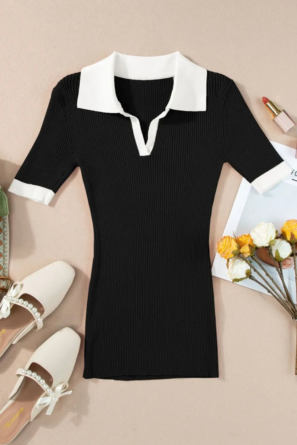 Contrast Collared Neck Ribbed Knit Top