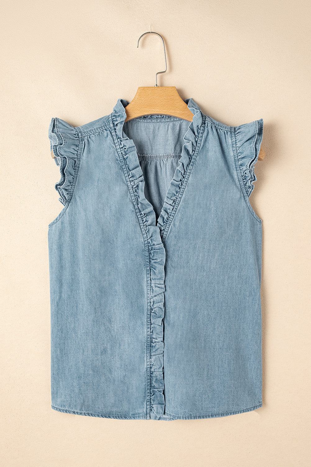Beau Blue Ruffle V Neck Chambray Sleeveless Shirt