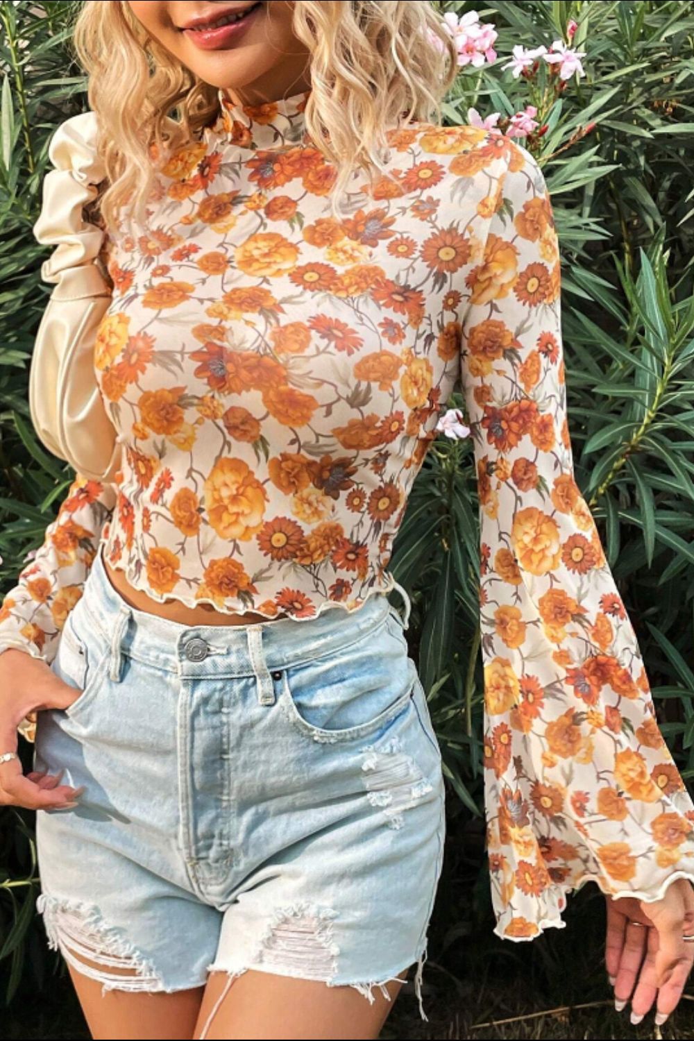 Printed Mock Neck Flare Sleeve Top | Chic & Trendy Statement Blouse