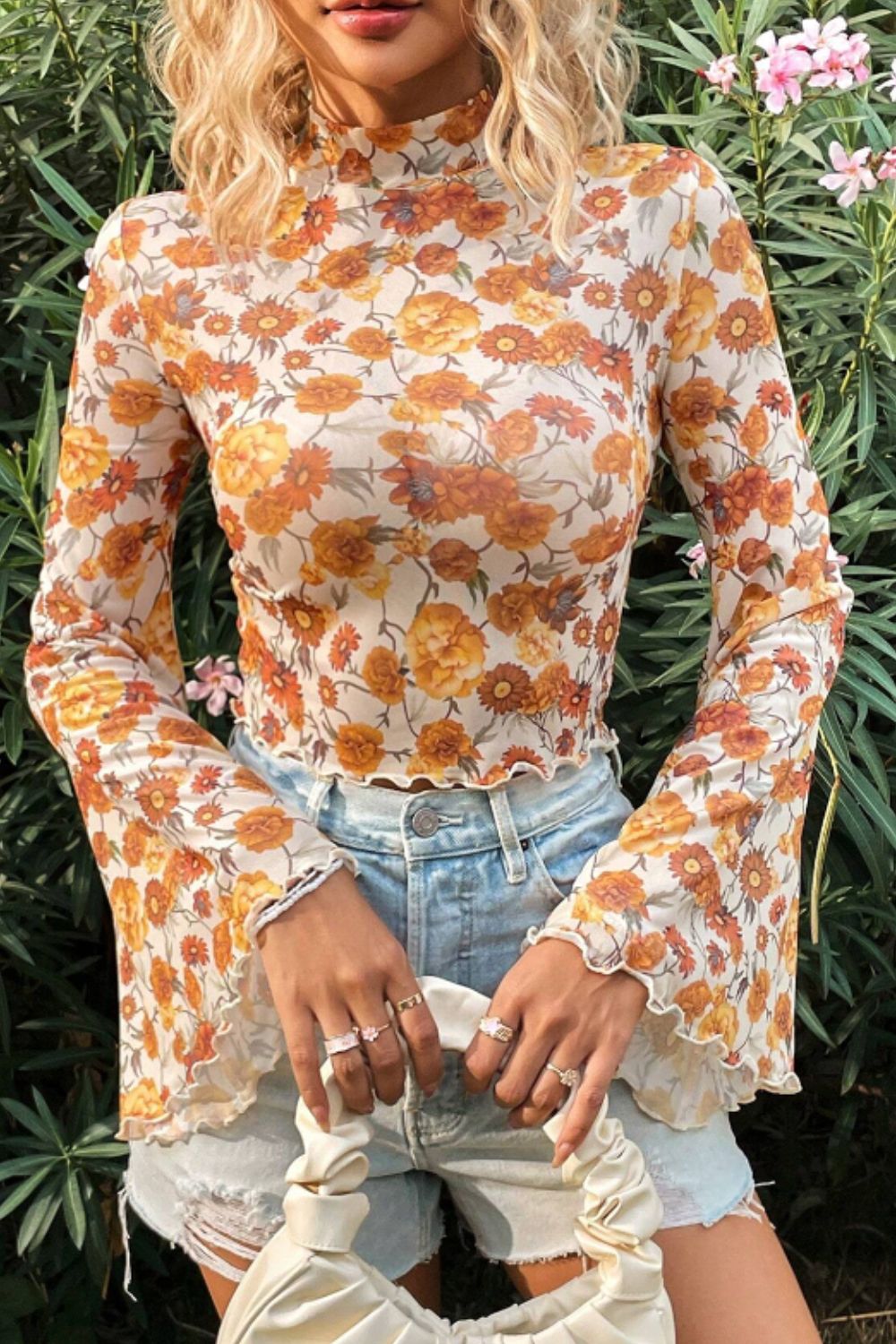 Printed Mock Neck Flare Sleeve Top | Chic & Trendy Statement Blouse