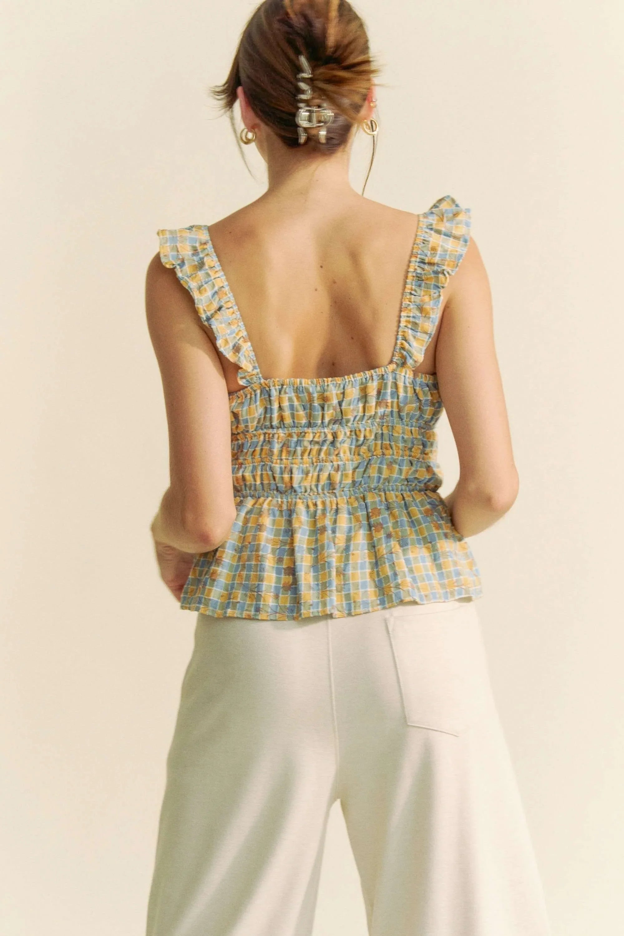 Davi & Dani Plaid Ruffled Strap Smocked Sleeveless Top