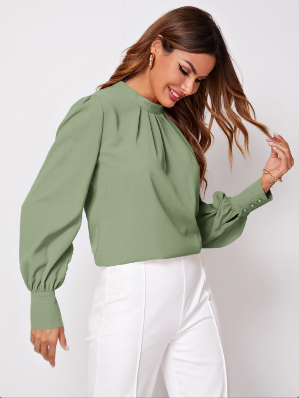 Ruched Mock Neck Long Sleeve Blouse | Elegant & Stylish Statement Piece
