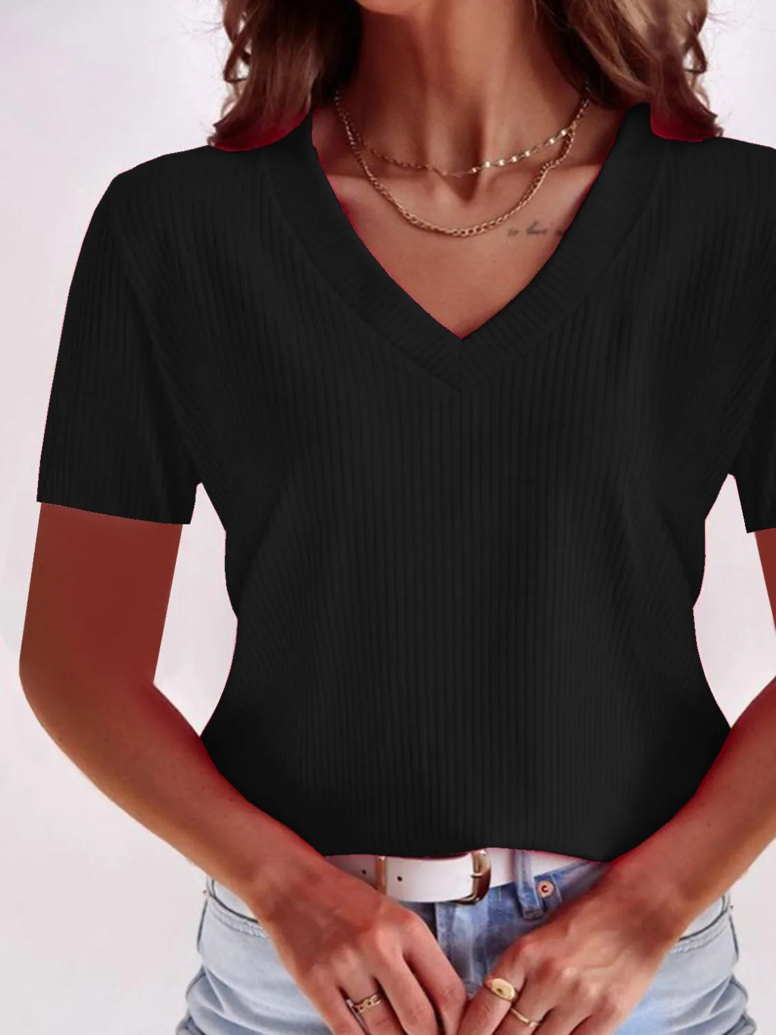 Full Size Solid V-Neck Short Sleeve T-Shirt Plus Size