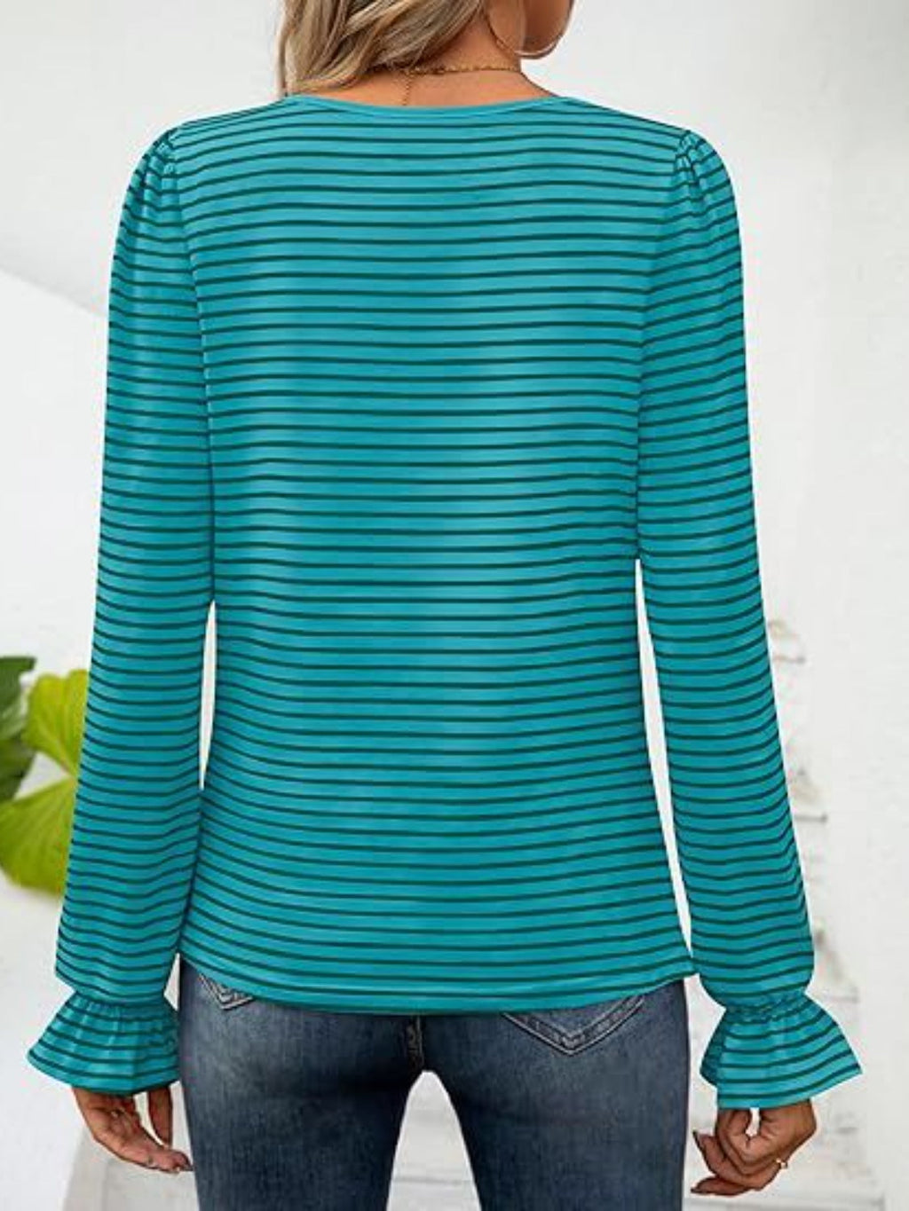 Striped Square Neck Flounce Sleeve Top | Trendy & Feminine Chic