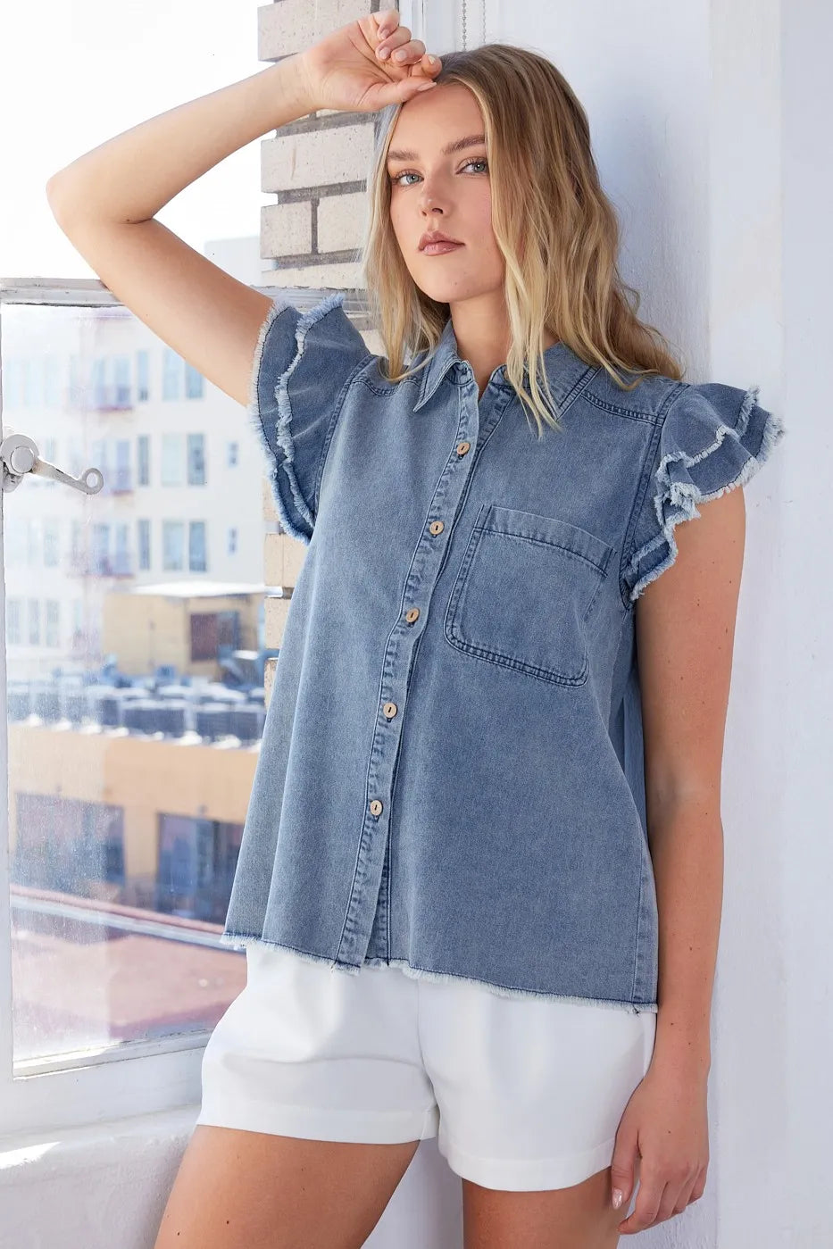 Mittoshop Washed Denim Ruffle Short Sleeve Collared Shirt