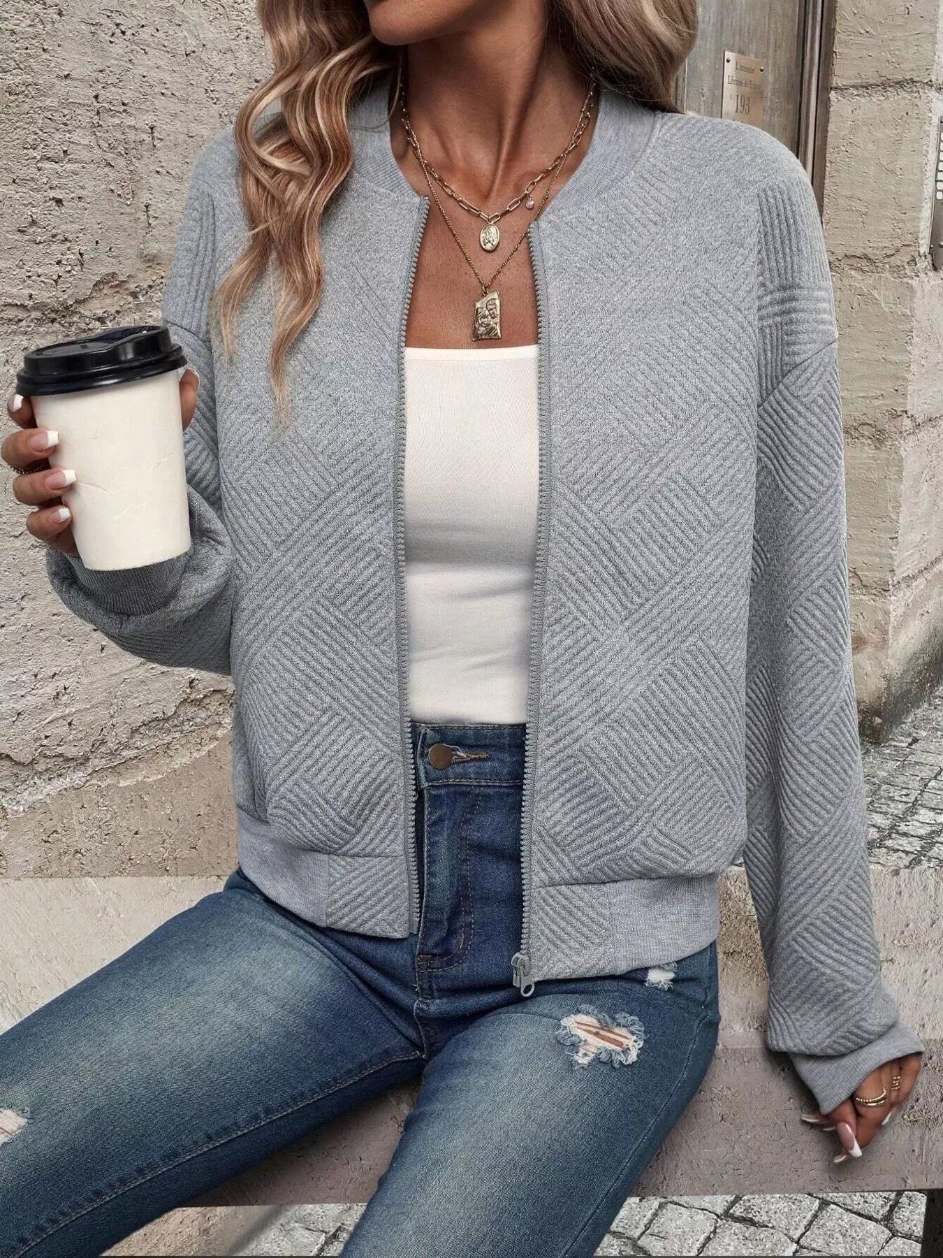 Zip-Up Textured Long Sleeve Jacket