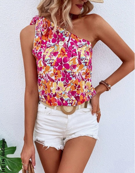 Holidaya Allover Floral Print Knot One Shoulder Blouse