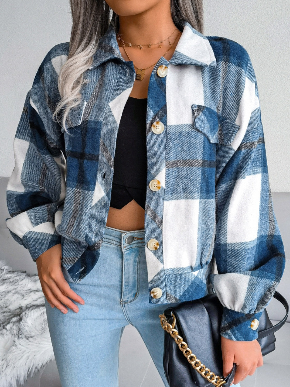 Plaid Collared Neck Long Sleeve Jacket | Timeless & Cozy Outerwear
