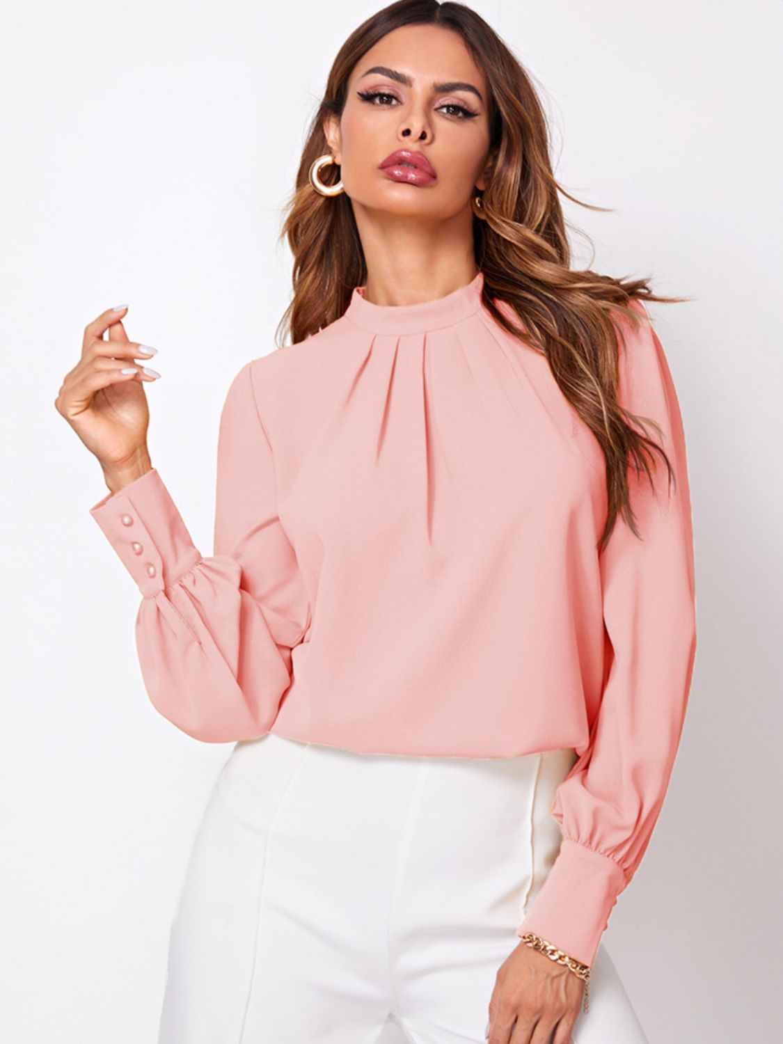 Ruched Mock Neck Long Sleeve Blouse | Elegant & Stylish Statement Piece