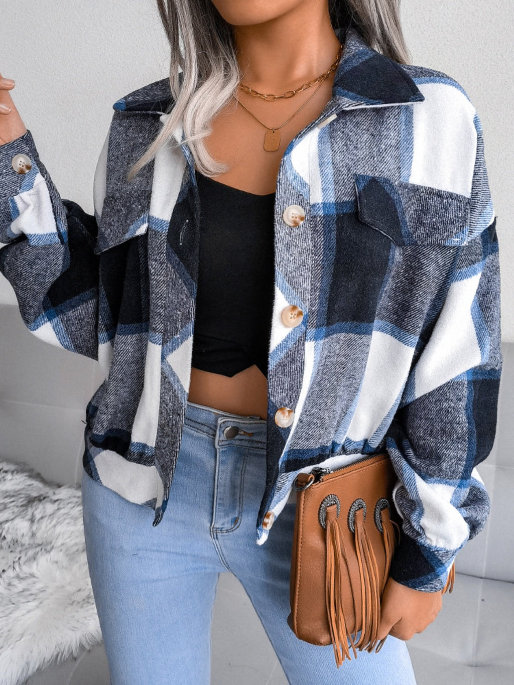 Plaid Collared Neck Long Sleeve Jacket | Timeless & Cozy Outerwear
