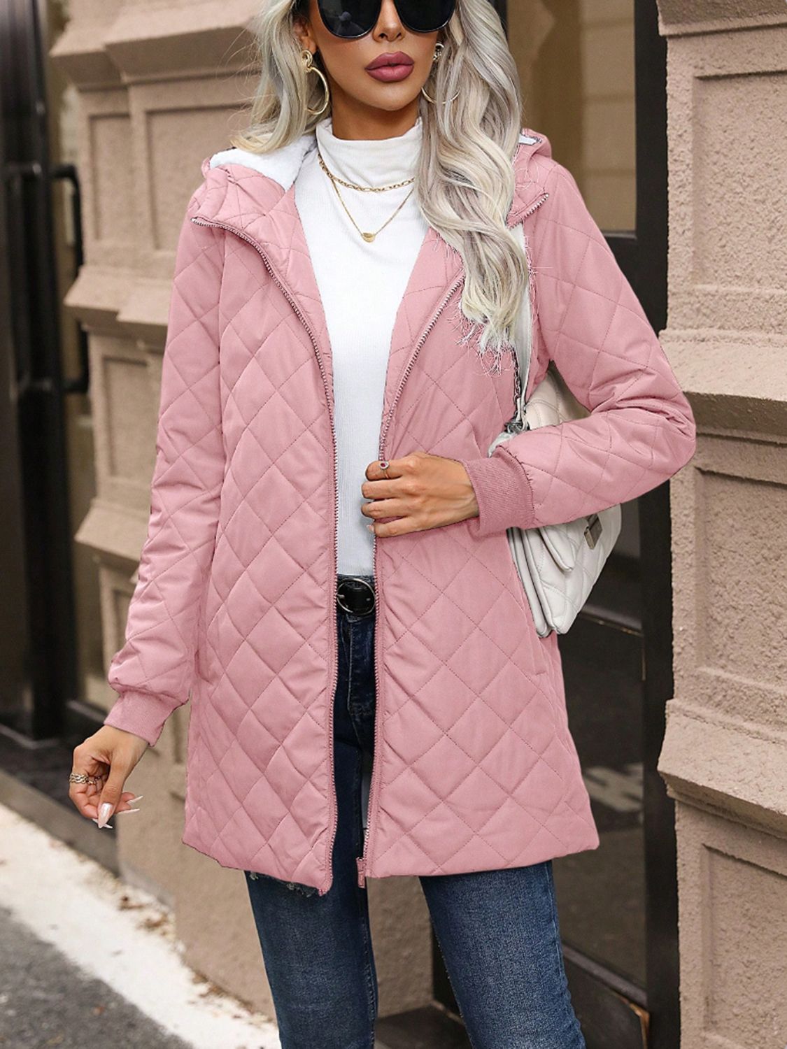 Quilted Zip-Up Hooded Jacket with Pockets | Warm & Stylish Outerwear