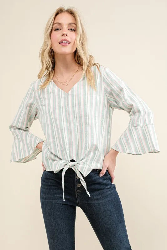 And The Why Stripe Tie Knot Front Bell Sleeve Top