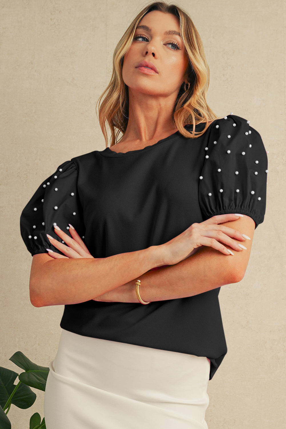 Bright Pink Pearl Beaded Puff Sleeve Ribbed Top