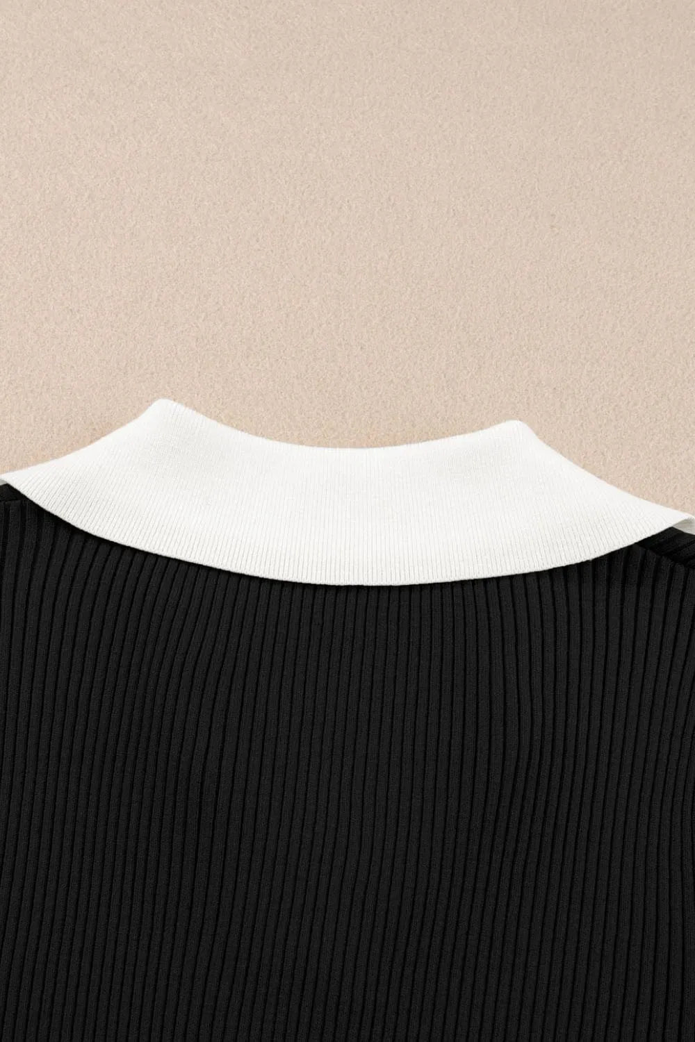 Contrast Collared Neck Ribbed Knit Top