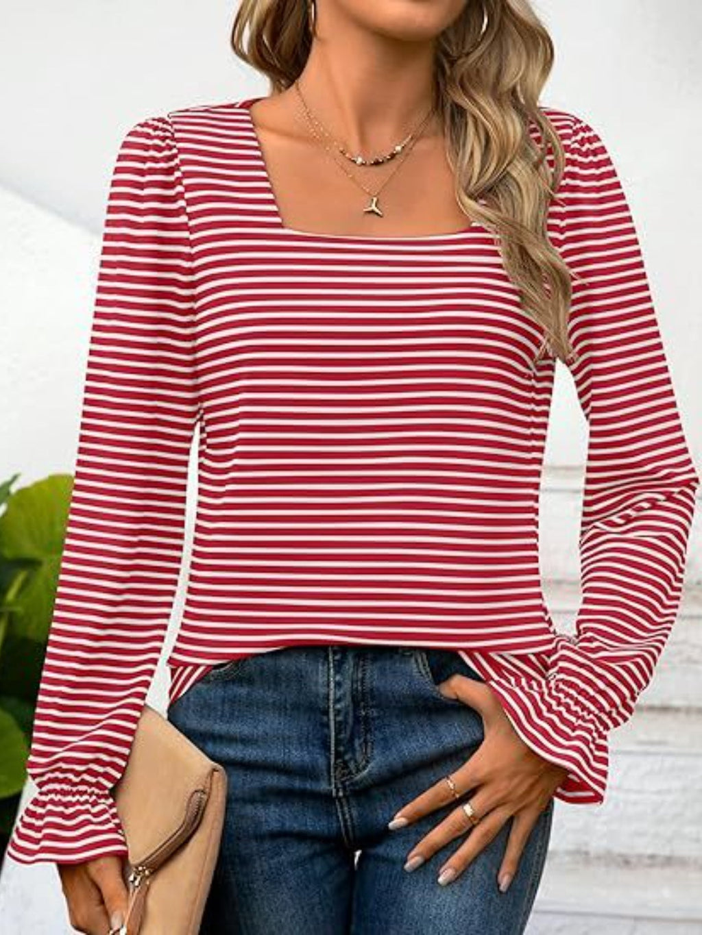 Striped Square Neck Flounce Sleeve Top | Trendy & Feminine Chic