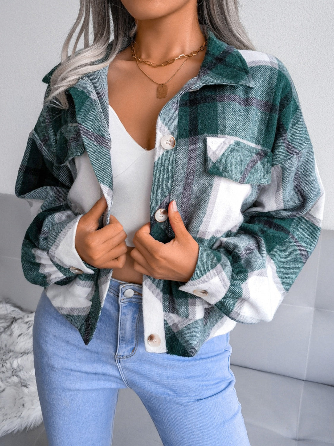 Plaid Collared Neck Long Sleeve Jacket | Timeless & Cozy Outerwear