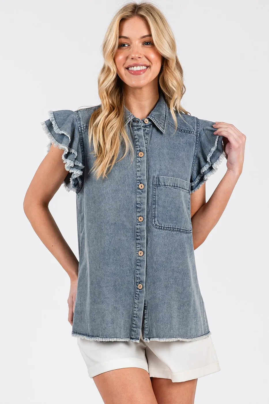 Mittoshop Washed Denim Ruffle Short Sleeve Collared Shirt