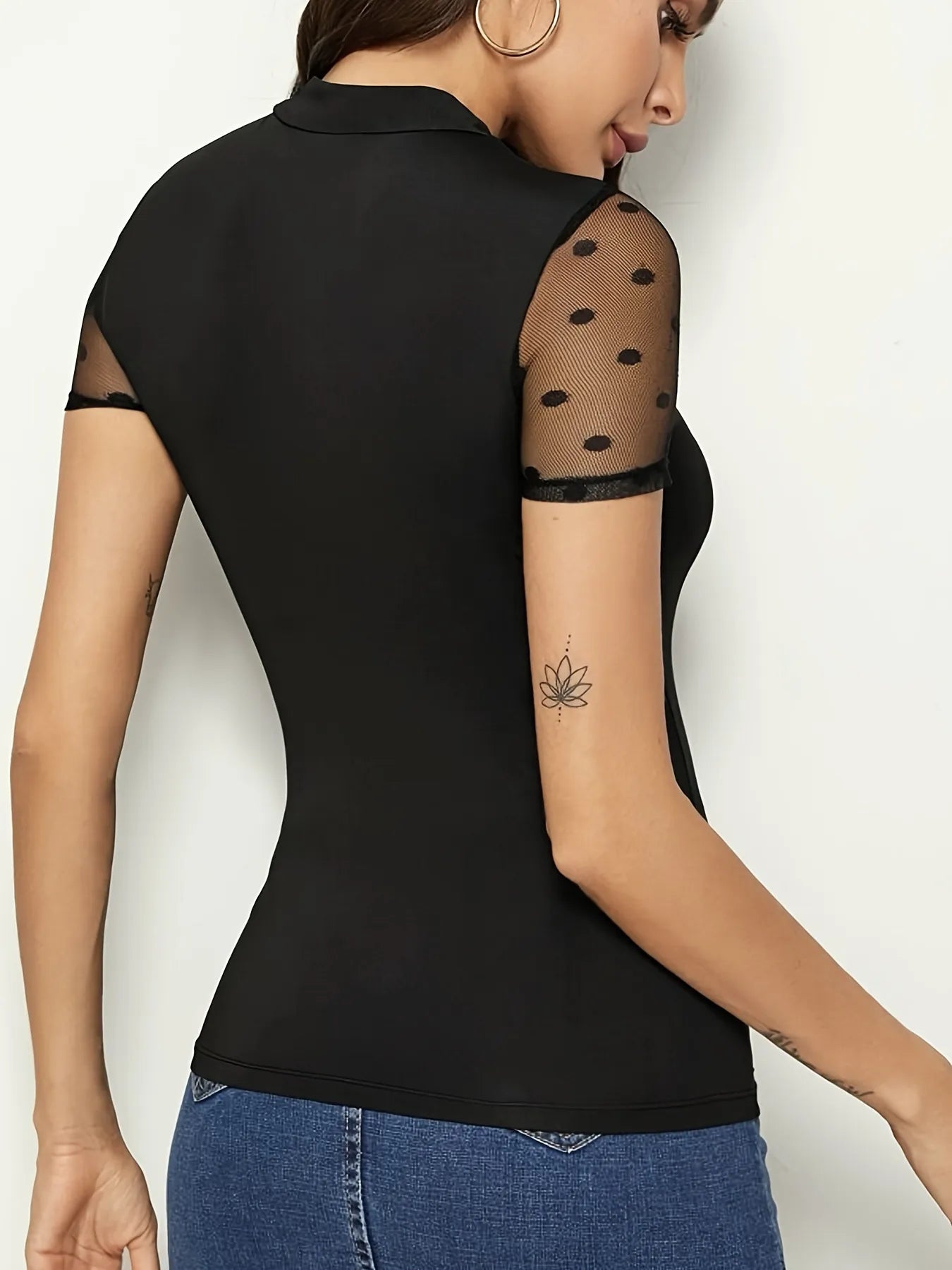 Mesh Polka Dot Mock Neck Top