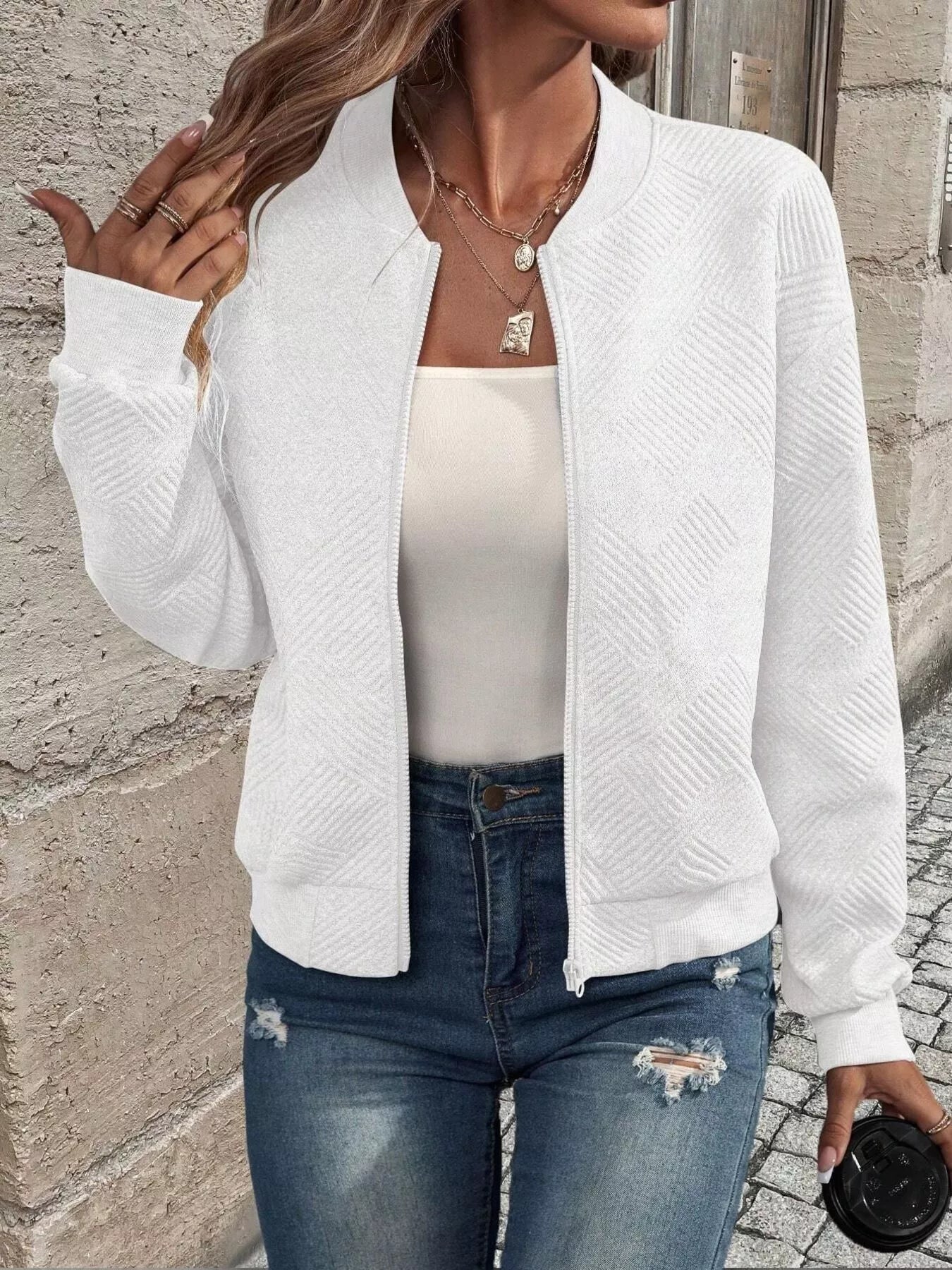 Zip-Up Textured Long Sleeve Jacket