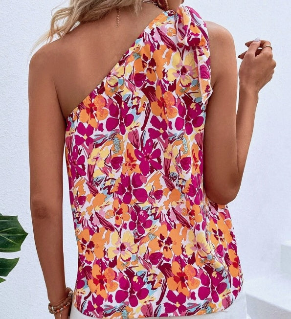 Holidaya Allover Floral Print Knot One Shoulder Blouse