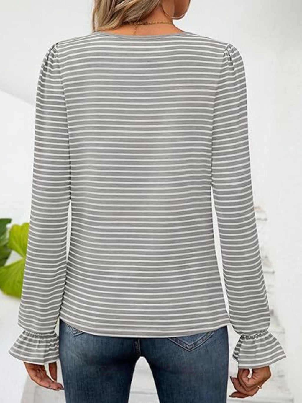 Striped Square Neck Flounce Sleeve Top | Trendy & Feminine Chic
