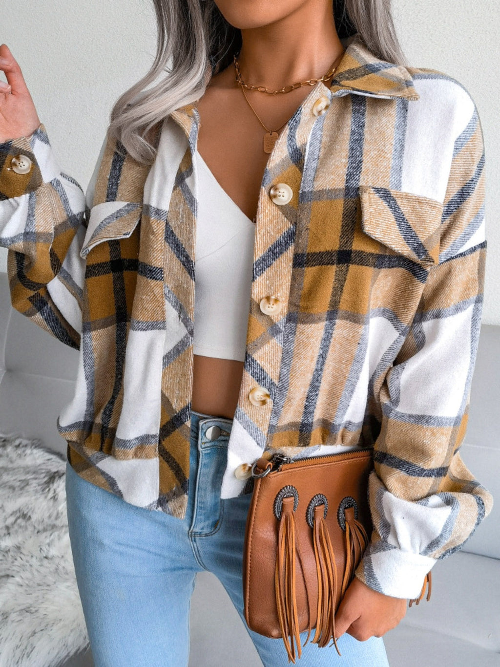 Plaid Collared Neck Long Sleeve Jacket | Timeless & Cozy Outerwear