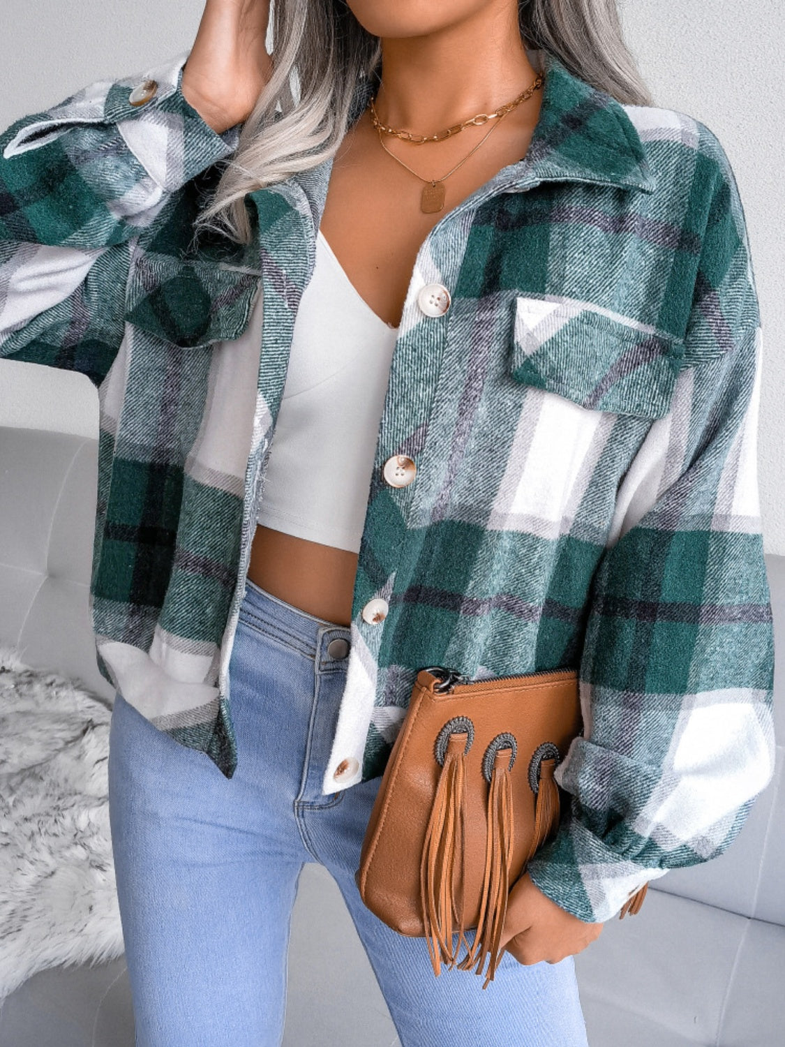 Plaid Collared Neck Long Sleeve Jacket | Timeless & Cozy Outerwear