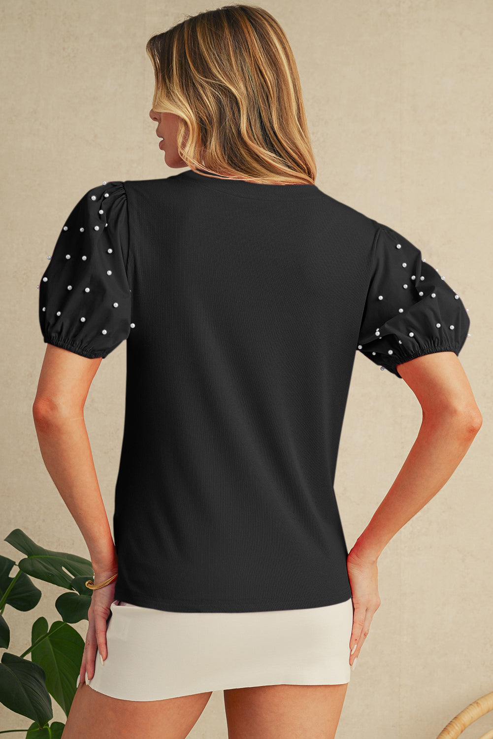 Bright Pink Pearl Beaded Puff Sleeve Ribbed Top