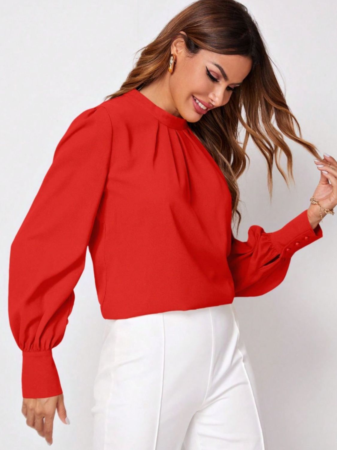Ruched Mock Neck Long Sleeve Blouse | Elegant & Stylish Statement Piece