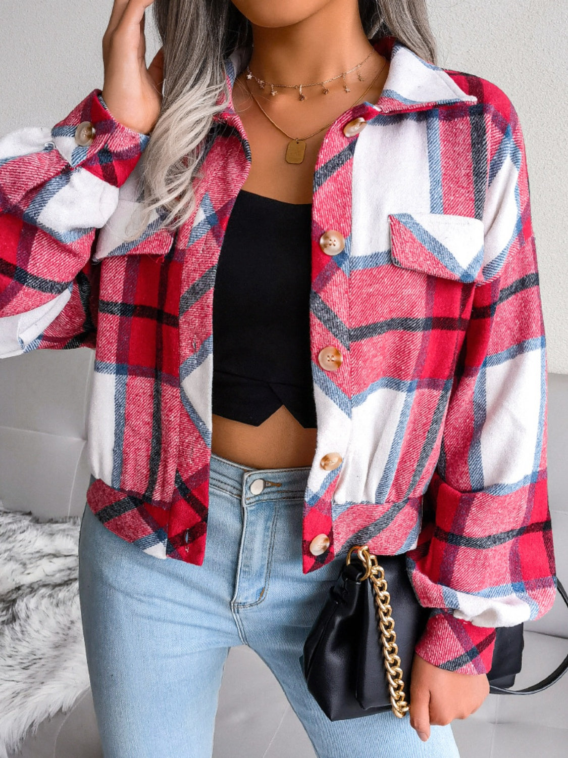 Plaid Collared Neck Long Sleeve Jacket | Timeless & Cozy Outerwear