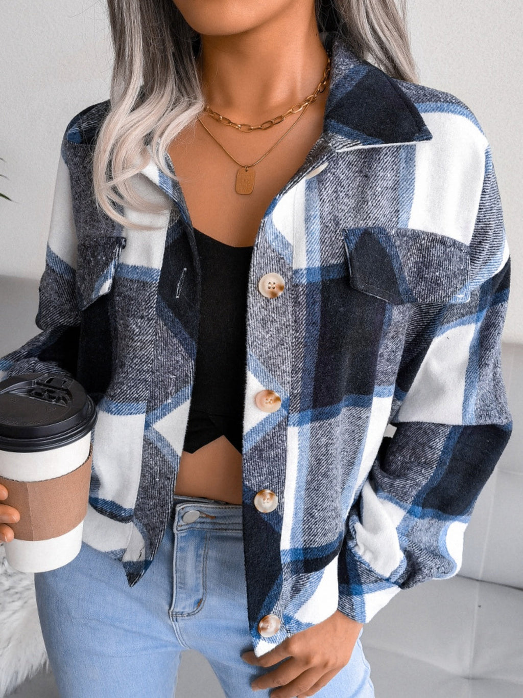 Plaid Collared Neck Long Sleeve Jacket | Timeless & Cozy Outerwear