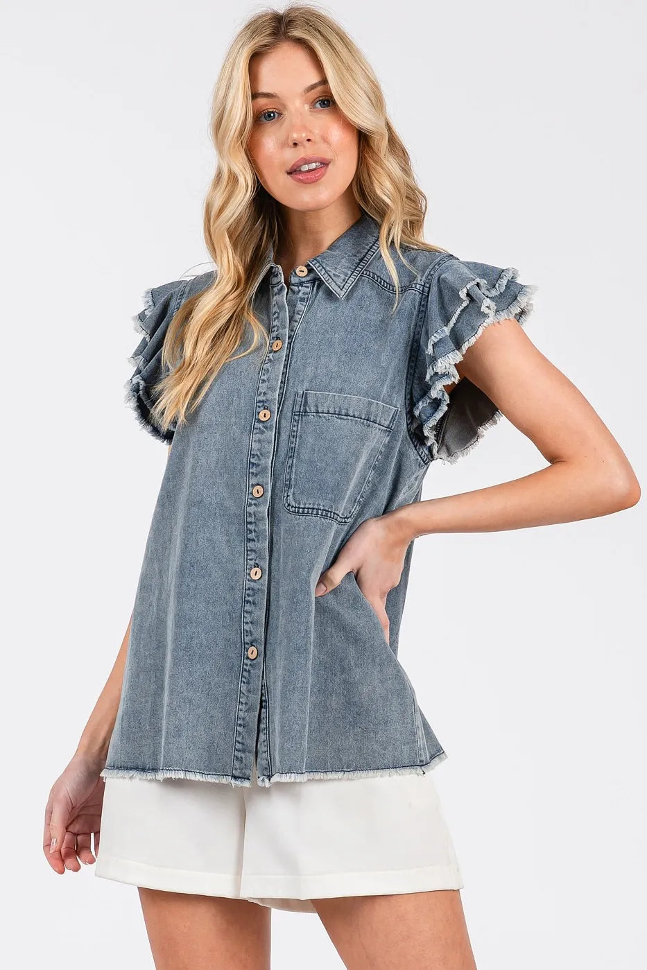 Mittoshop Washed Denim Ruffle Short Sleeve Collared Shirt