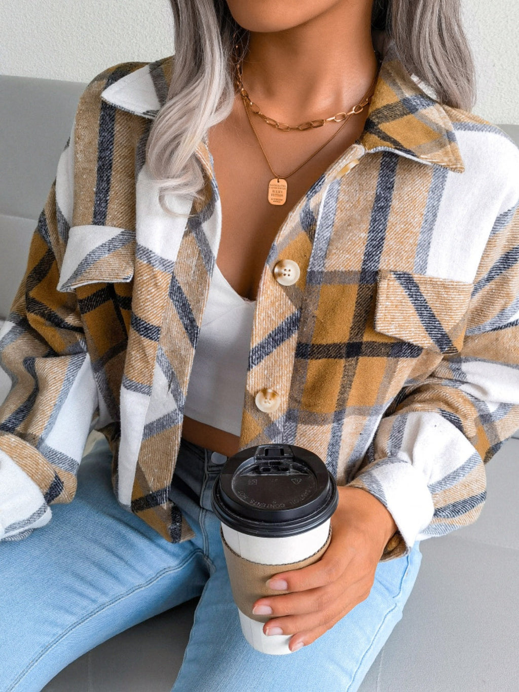 Plaid Collared Neck Long Sleeve Jacket | Timeless & Cozy Outerwear