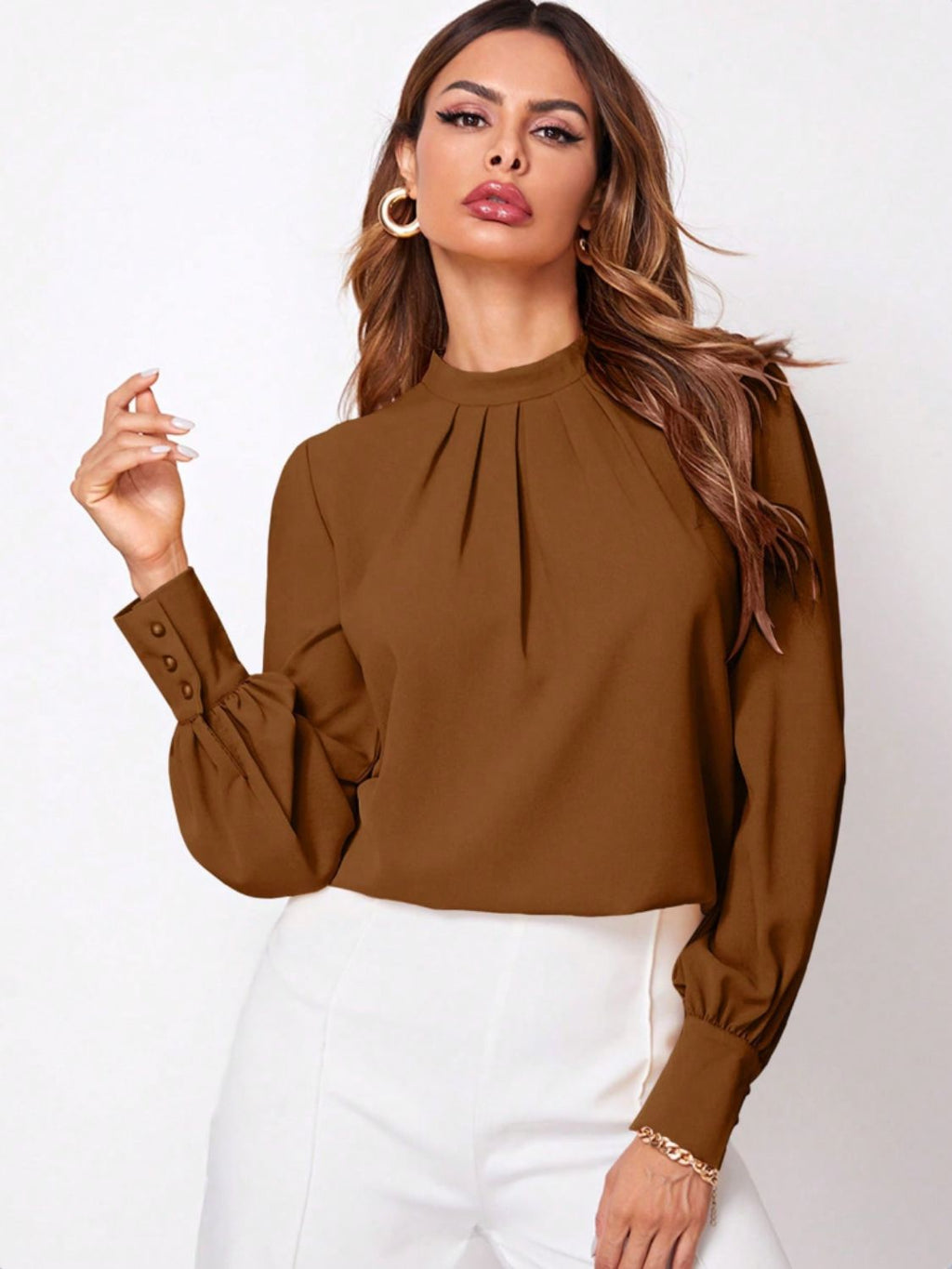 Ruched Mock Neck Long Sleeve Blouse | Elegant & Stylish Statement Piece