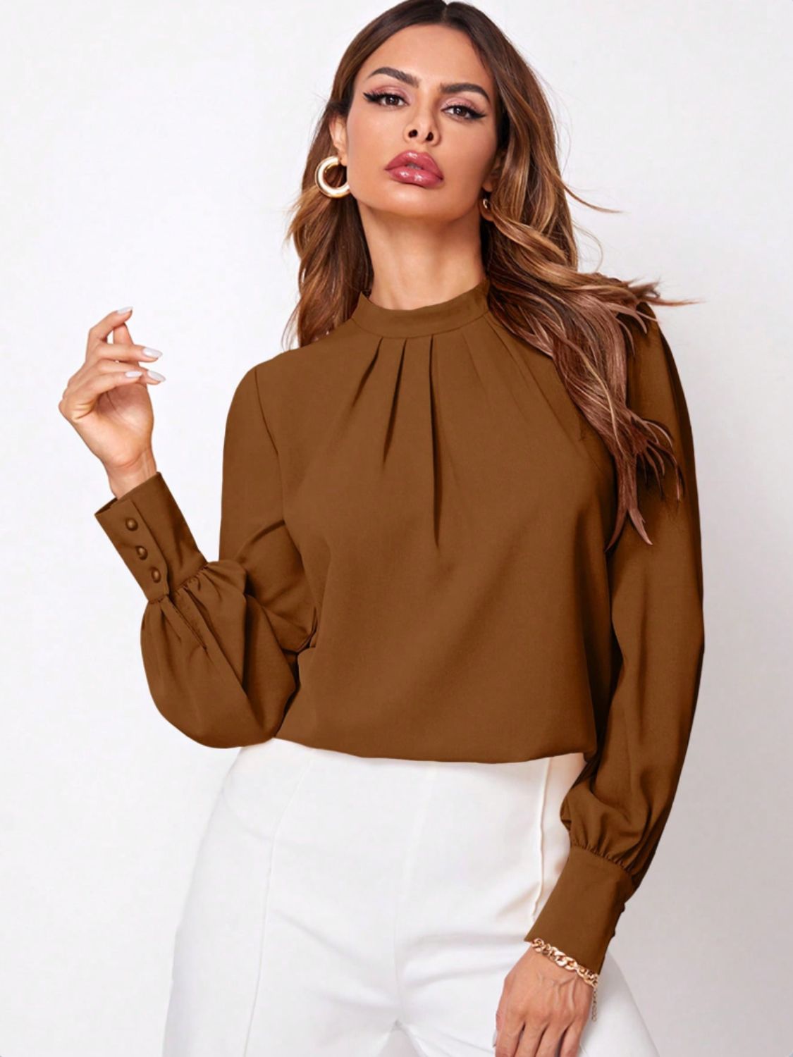 Ruched Mock Neck Long Sleeve Blouse | Elegant & Stylish Statement Piece