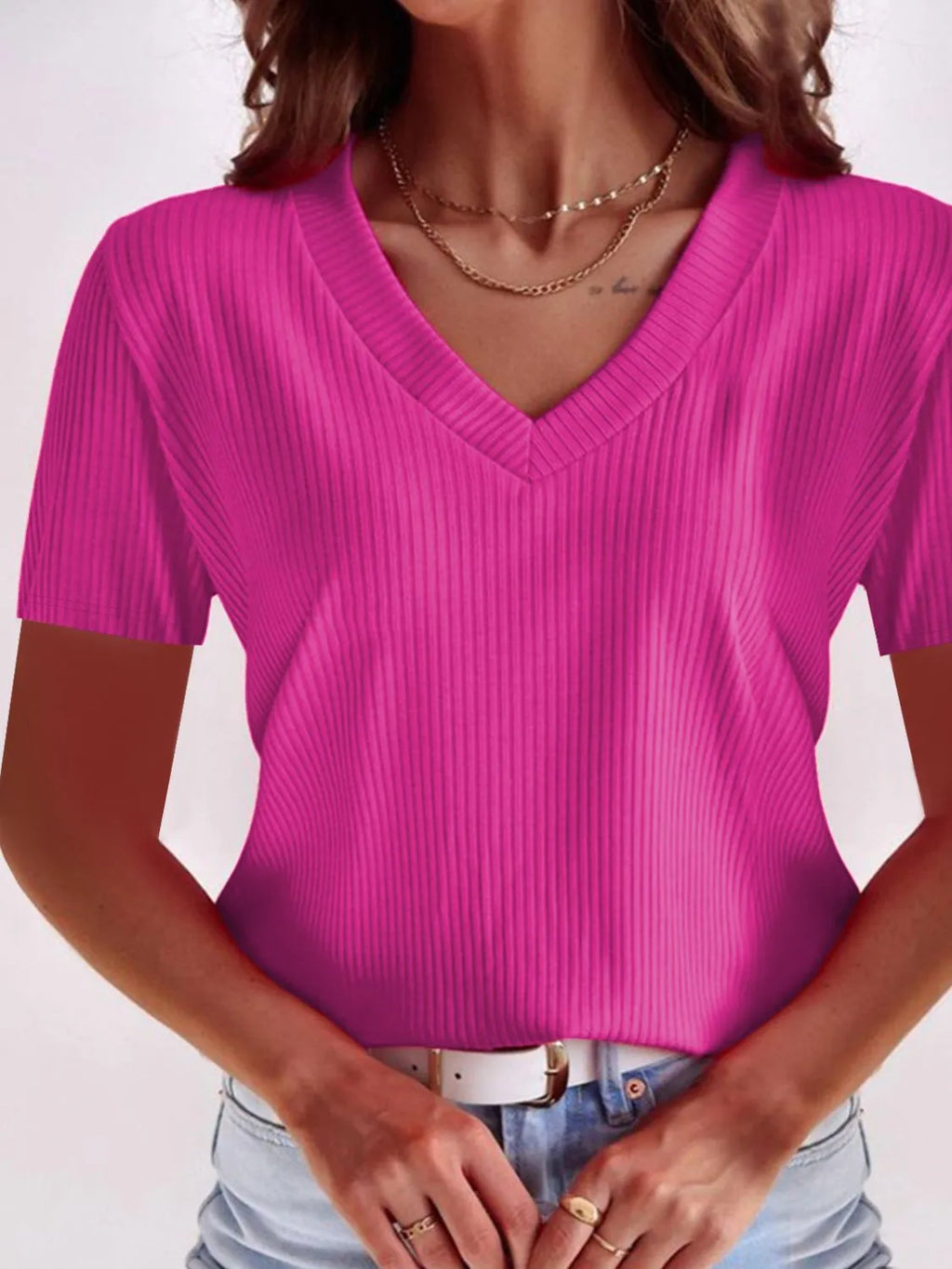 Full Size Solid V-Neck Short Sleeve T-Shirt Plus Size