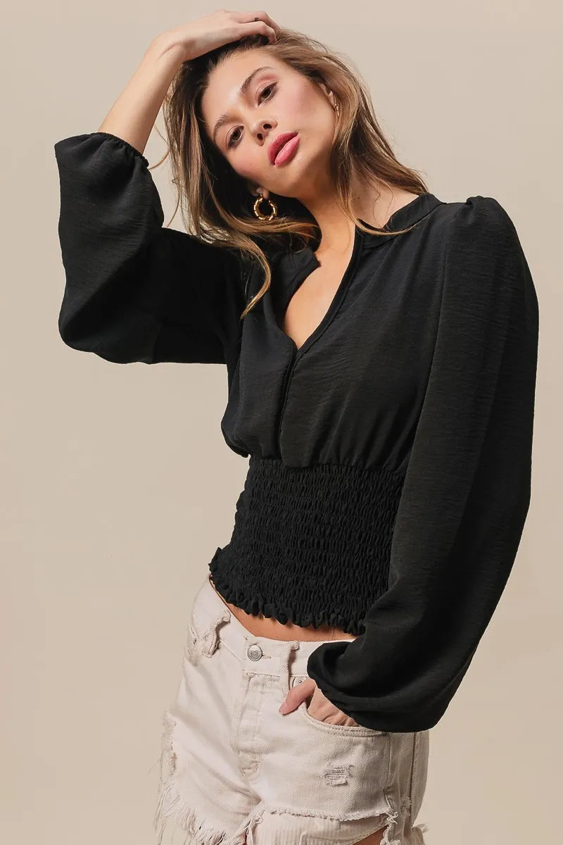 BiBi Smoking Waist Band and Puff Sleeves Deep V Neck Top