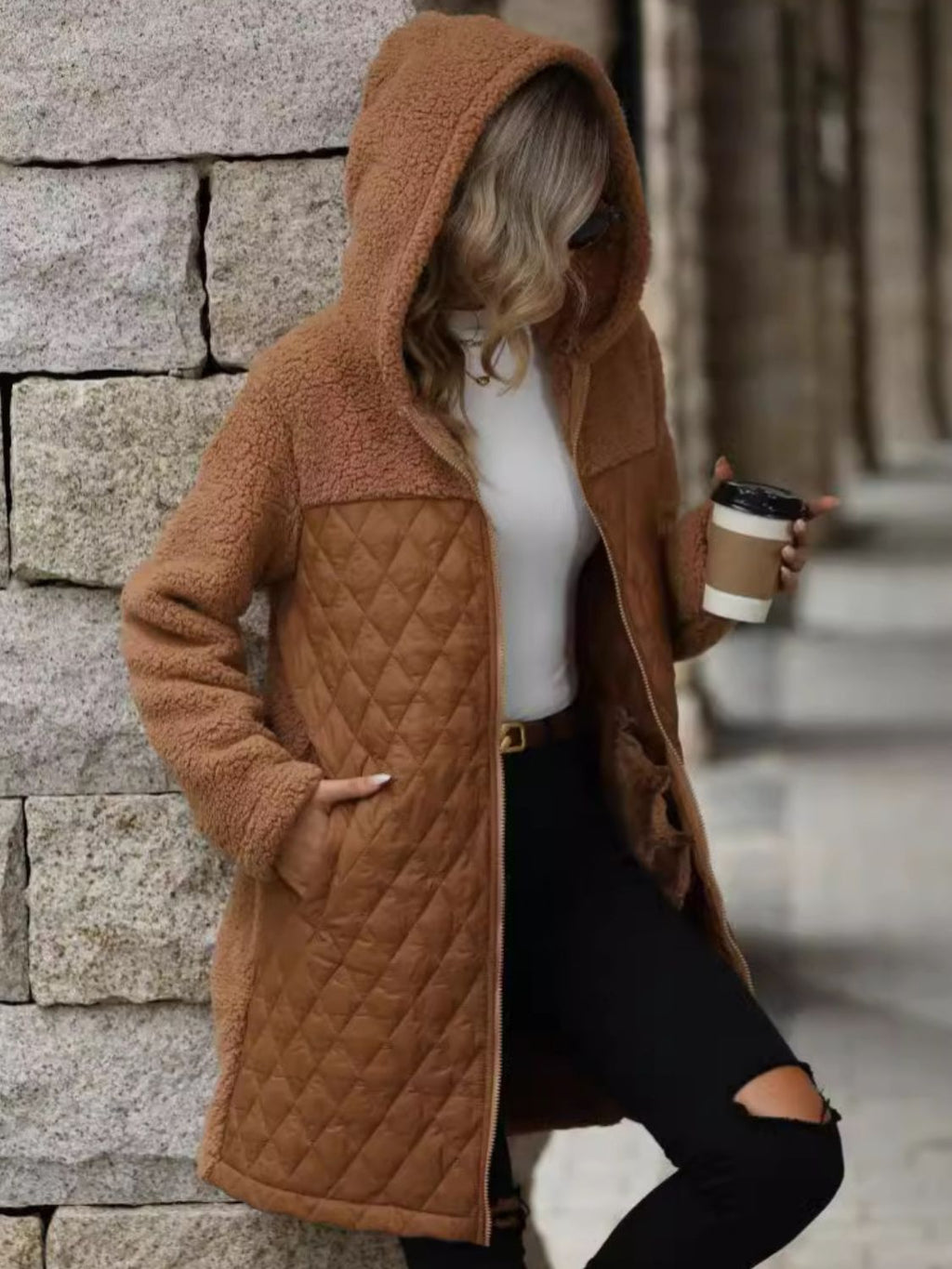 Textured Zip-Up Hooded Coat | Cozy & Stylish Long Sleeve Outerwear