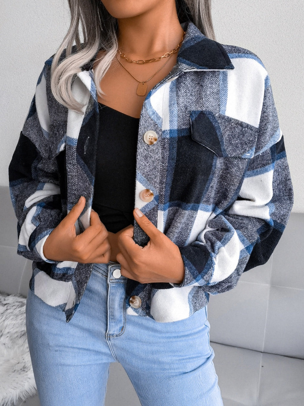 Plaid Collared Neck Long Sleeve Jacket | Timeless & Cozy Outerwear