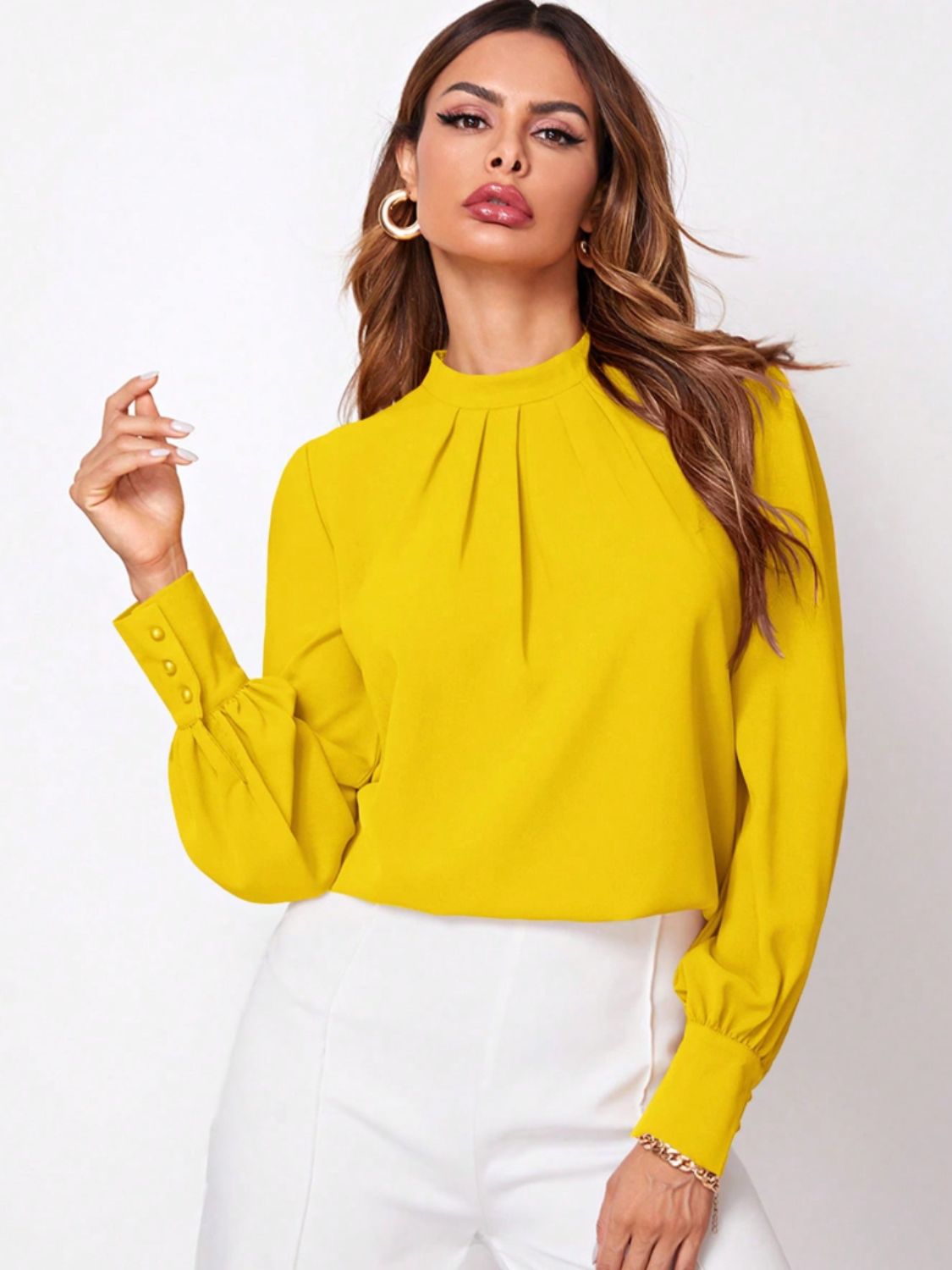 Ruched Mock Neck Long Sleeve Blouse | Elegant & Stylish Statement Piece