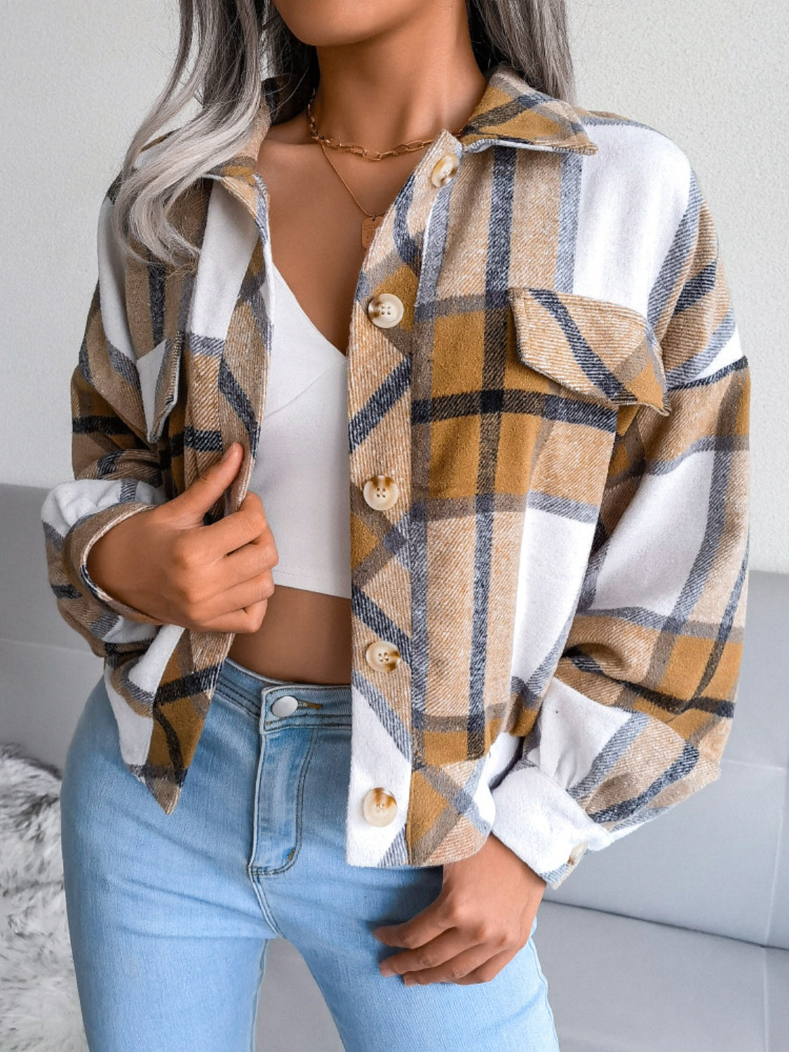 Plaid Collared Neck Long Sleeve Jacket | Timeless & Cozy Outerwear