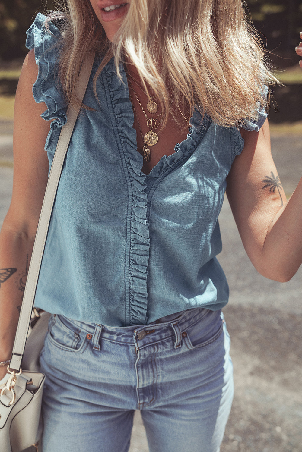 Beau Blue Ruffle V Neck Chambray Sleeveless Shirt