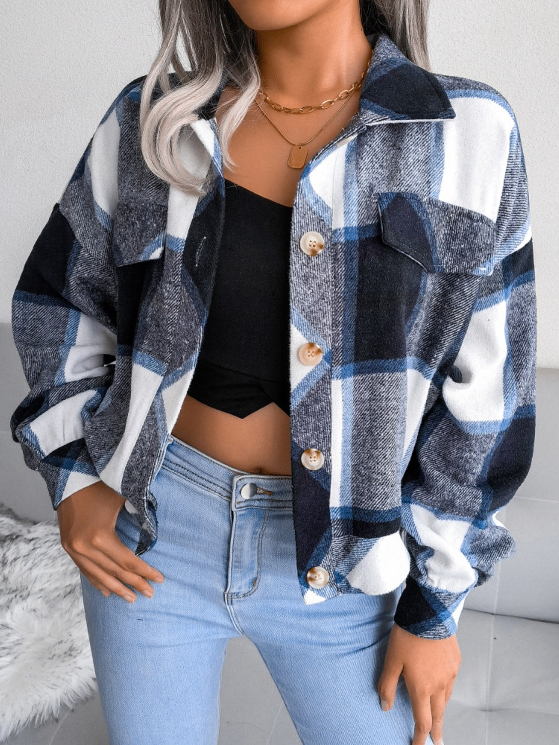 Plaid Collared Neck Long Sleeve Jacket | Timeless & Cozy Outerwear
