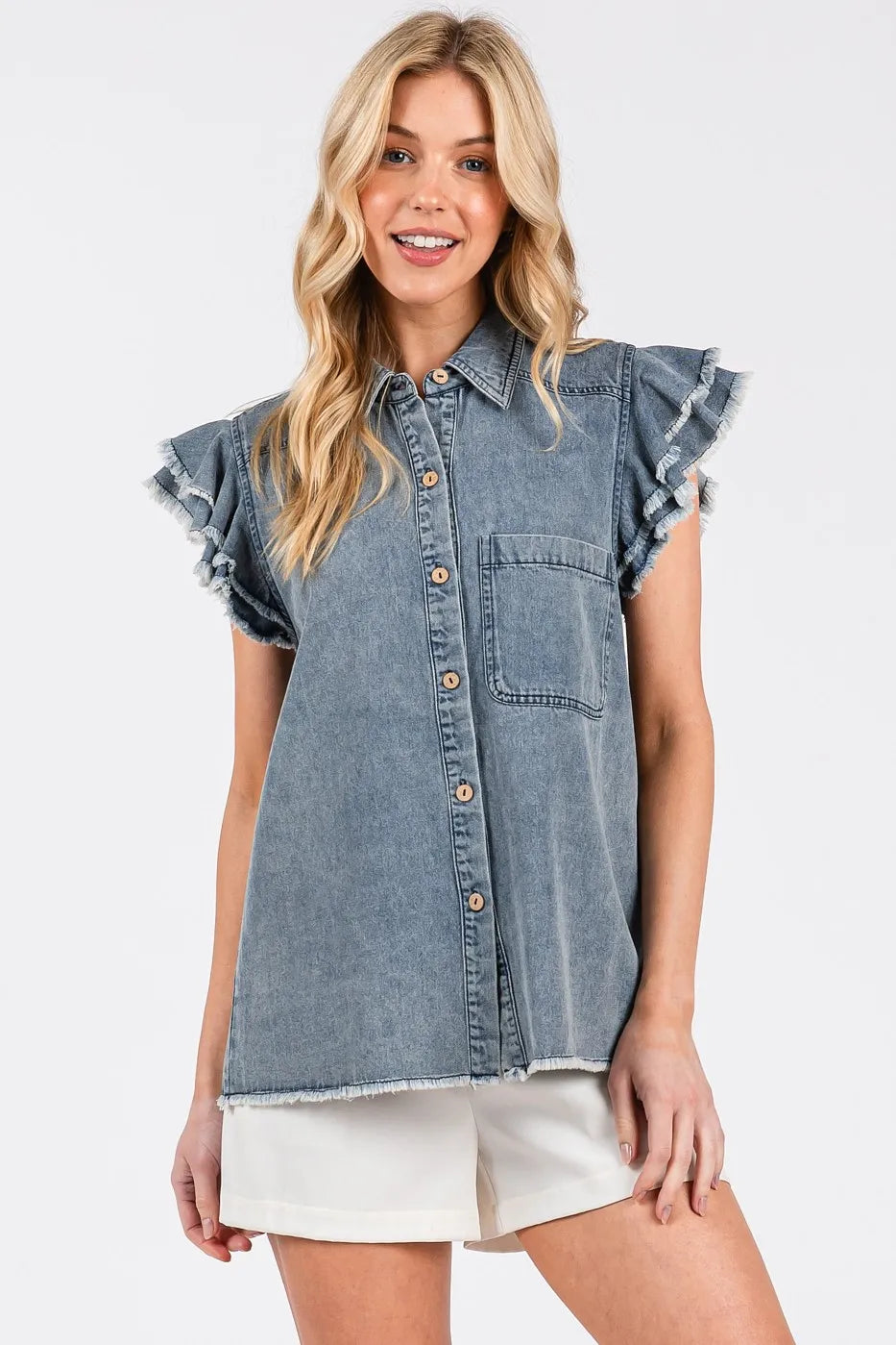 Mittoshop Washed Denim Ruffle Short Sleeve Collared Shirt
