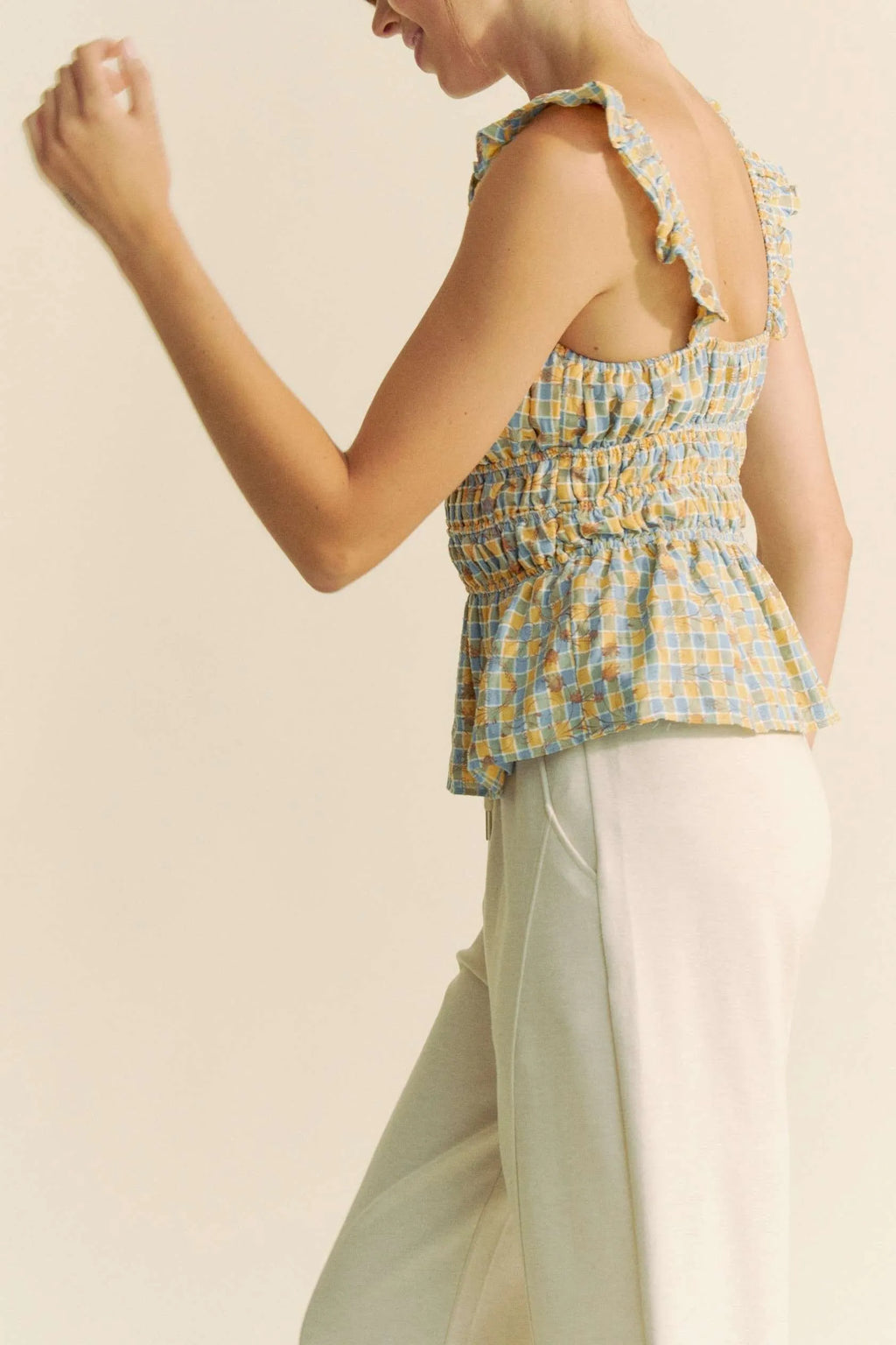 Davi & Dani Plaid Ruffled Strap Smocked Sleeveless Top