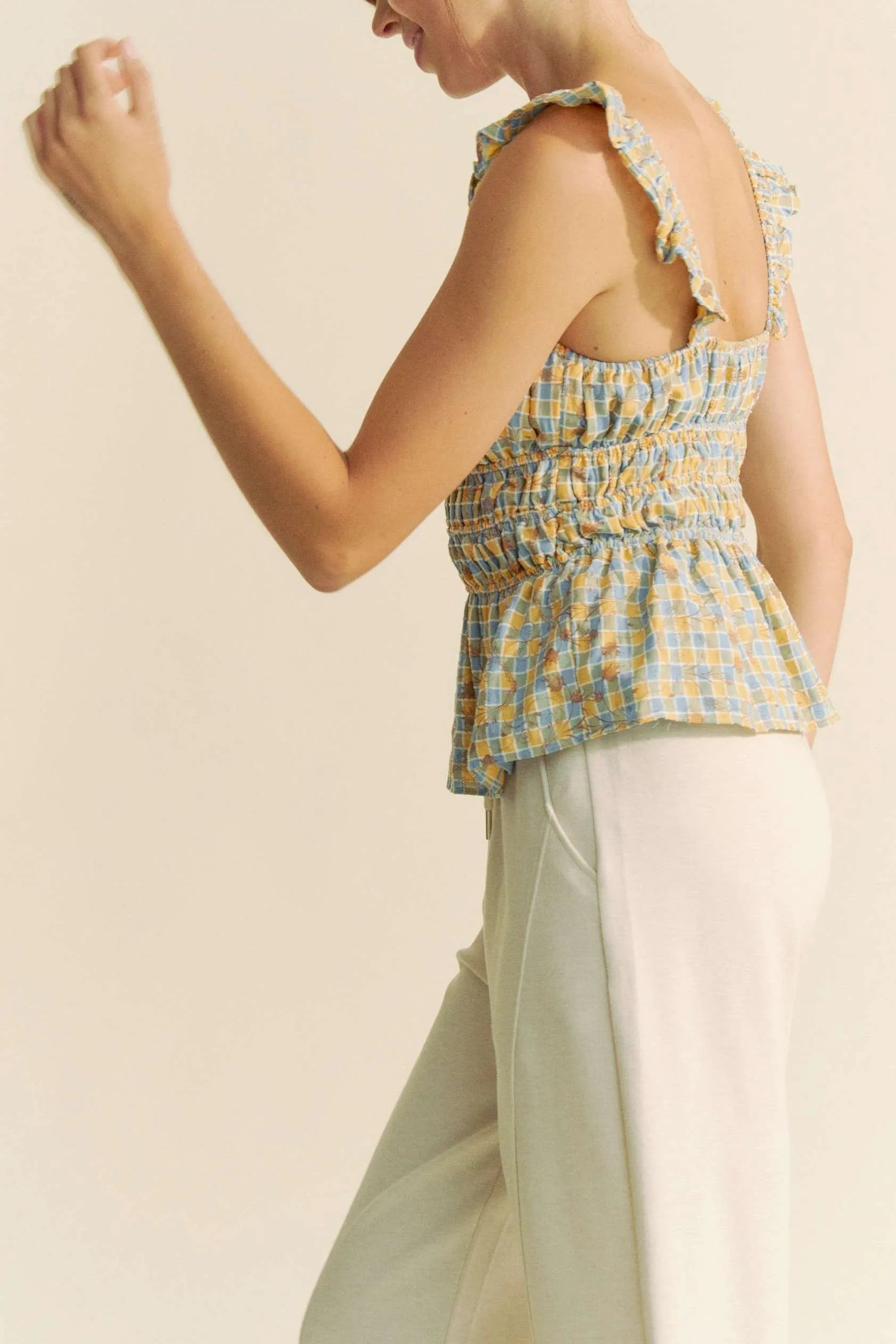 Davi & Dani Plaid Ruffled Strap Smocked Sleeveless Top