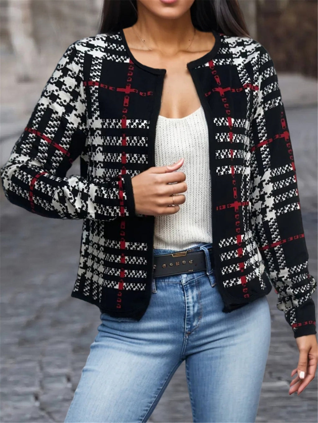 Plaid Open Front Long Sleeve Jacket | Classic & Cozy Outerwear