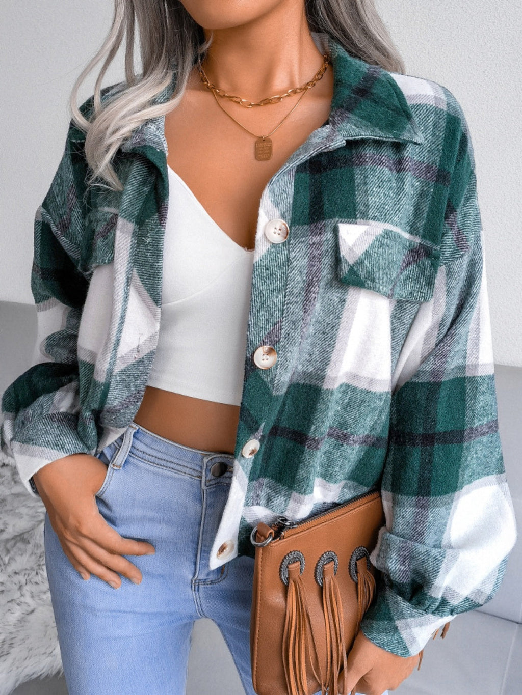 Plaid Collared Neck Long Sleeve Jacket | Timeless & Cozy Outerwear