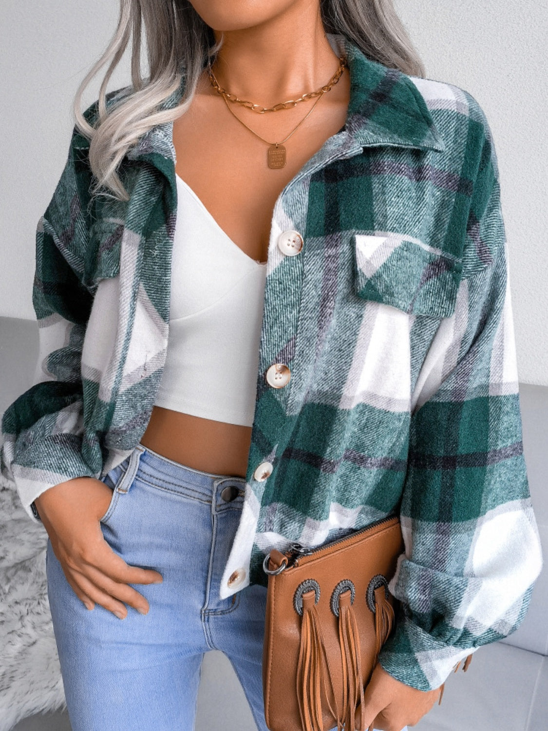 Plaid Collared Neck Long Sleeve Jacket | Timeless & Cozy Outerwear